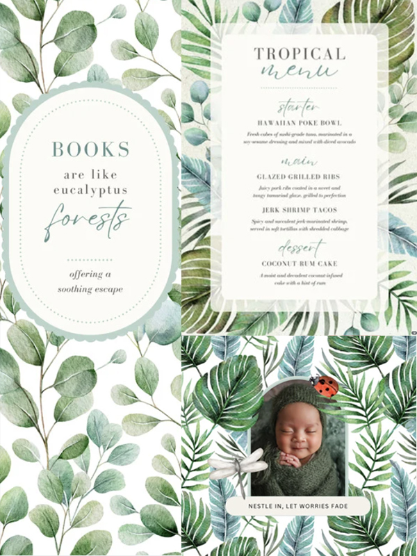 Tropical Eucalyptus — Lush tropical eucalyptus and breezy greens bring a fresh, botanical escape to your designs.