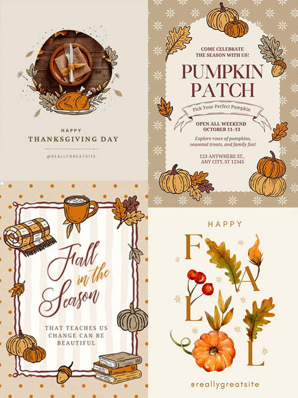 Autumn & Thanksgiving — Cozy fall invitations, menus, place cards and social posts