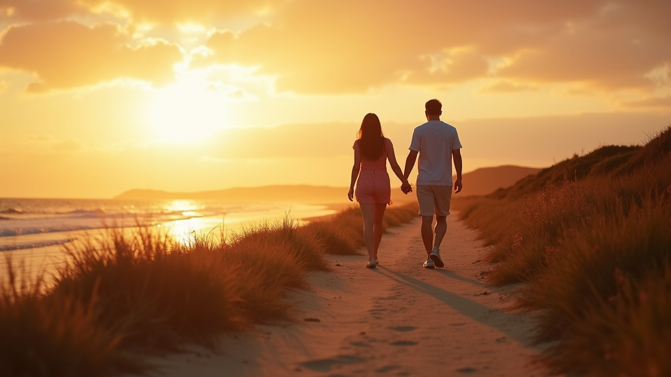 Eye-level view of a couple walking hand-in-hand along a coastal path at sunset