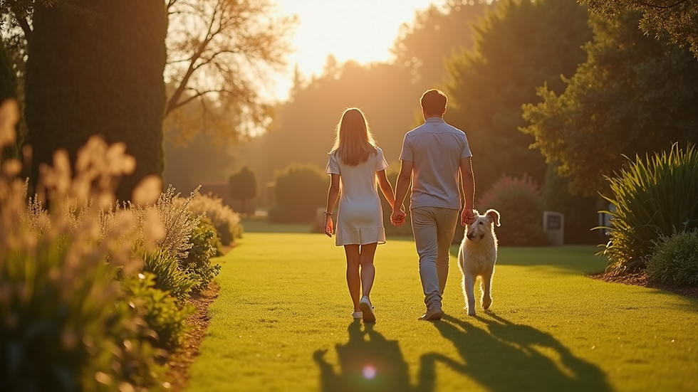Wide angle view of a couple walking hand in hand through a sunlit garden