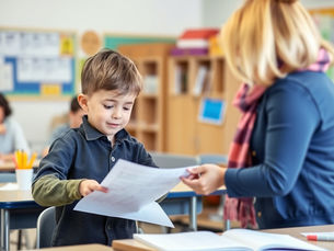 Young boy in a classroom receiving a paper from a teacher. He looks curious. Background shows desks and shelves with books.