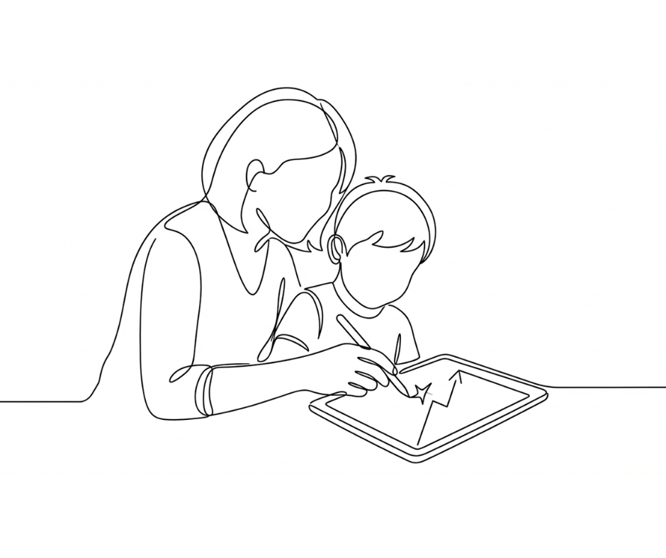 A person and child draw on a tablet together in a simple line art style. The background is plain, focusing on the creative activity.