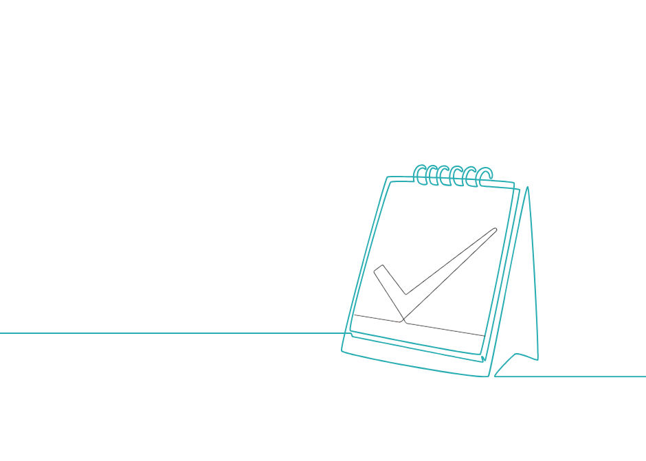 Spiral-bound desk calendar with a large checkmark. Minimalistic line art on a white background, conveying completion or organization.