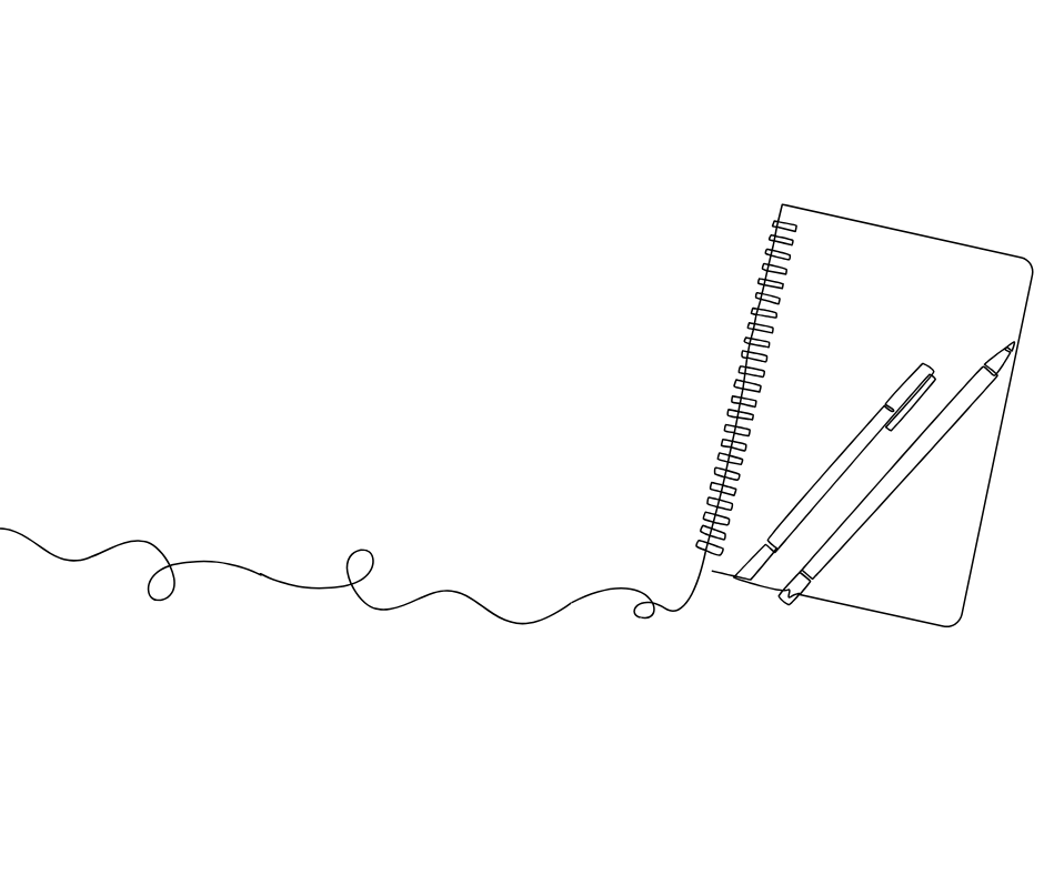 A spiral notebook with a pen and pencil rests on a white background. A turquoise line swirls from the notebook, adding a creative touch.