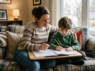Woman and child doing homework on a cozy sofa, surrounded by books. Soft lighting creates a warm, supportive atmosphere.