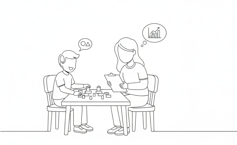 A child and adult sit at a table with blocks. The child speaks with a speech bubble, and the adult has a thought bubble with a chart.