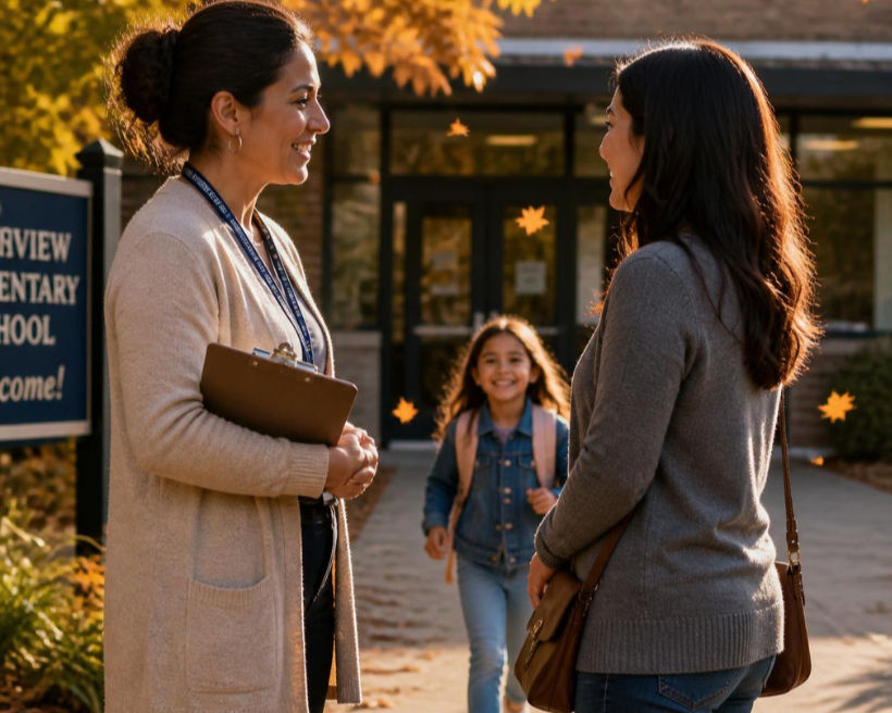 Smiling woman with clipboard talks to a mother outside Riverview Elementary School as a girl runs up, with autumn leaves falling.