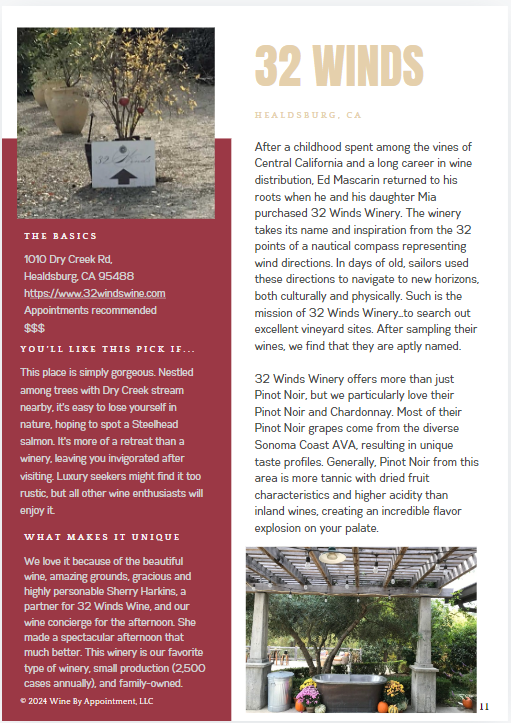 Image of a winery page in Sample of Pinot Noir of Healdsburg Guide