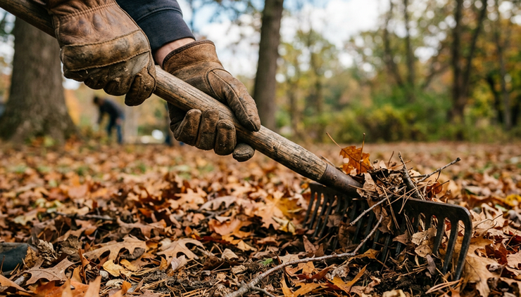 Close-up view of work gloves holding a rake near fallen leaves.