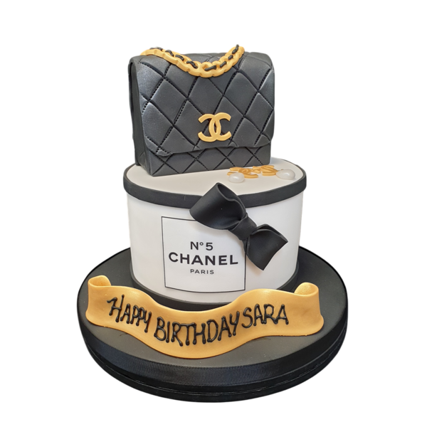 Bespoke Chanel-themed cake featuring a detailed handbag design, crafted for a celebration in Solihull, West Midlands.