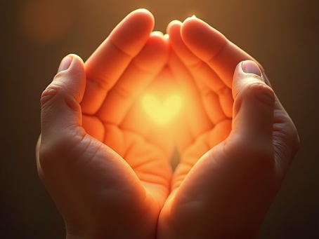 Cupped hands cradle a glowing heart of light against a warm amber background, creating a calm, hopeful mood.