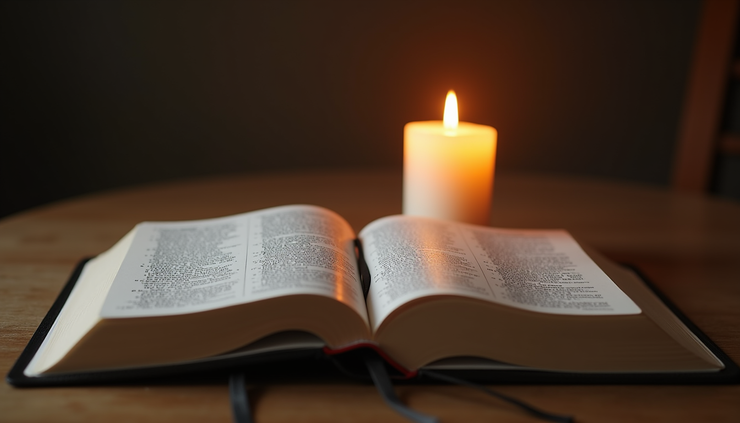 Close-up view of a lit candle beside an open Bible on a wooden table