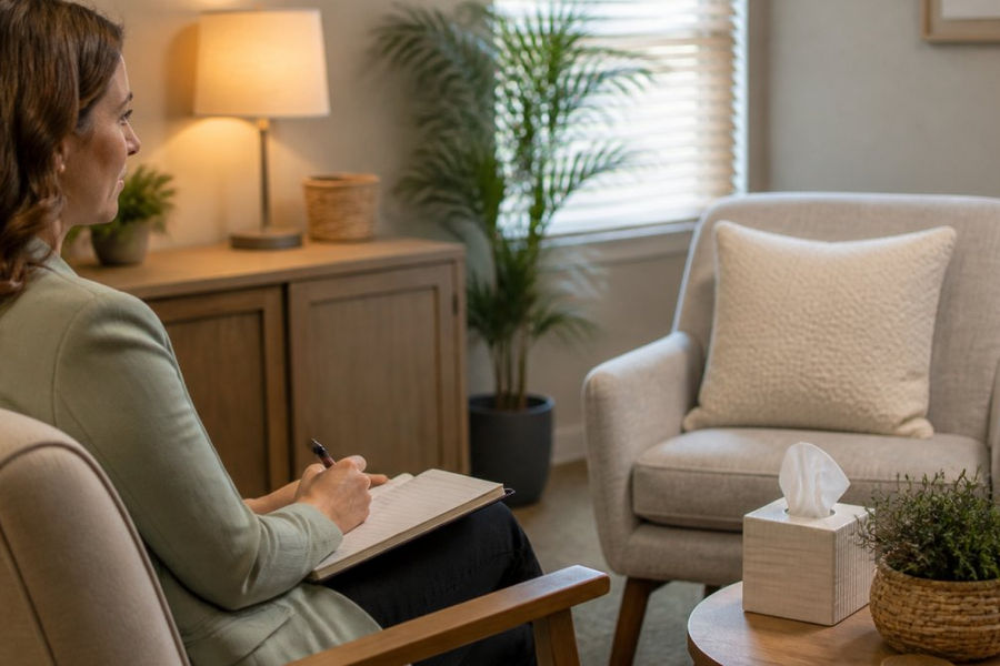 Therapist sitting in a warm, lit office preparing for a Christian counseling session in an armchair.