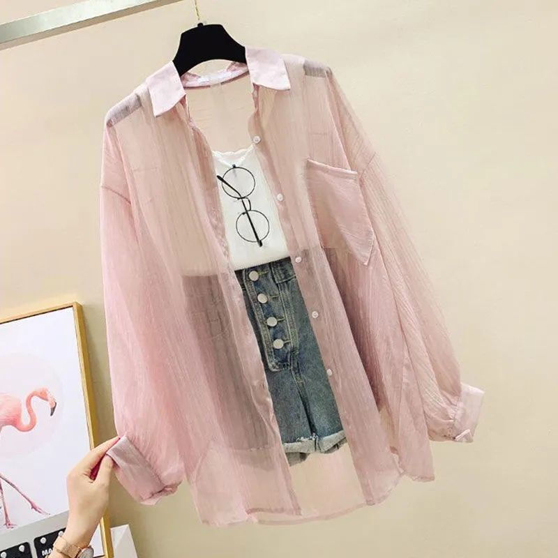 Camisa Feminina Chiffon Transparente Manga Longa Verão