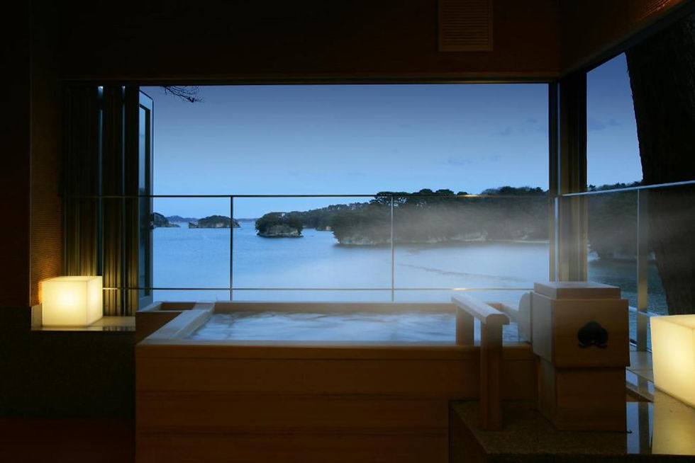 View out of Komatsu-kan Kofutei hotel onsen, overlooking Matsushima Bay.