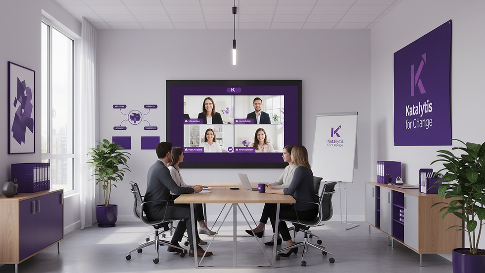 Eye-level view of a modern office with remote team members collaborating via video call