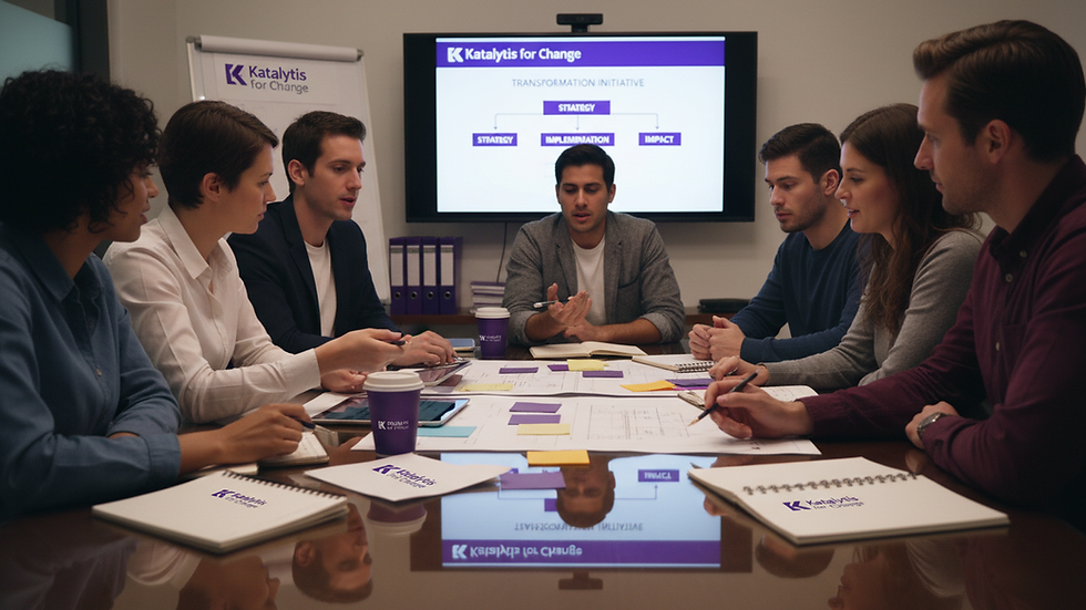 Eye-level view of a modern office meeting room with a large screen displaying a change management plan