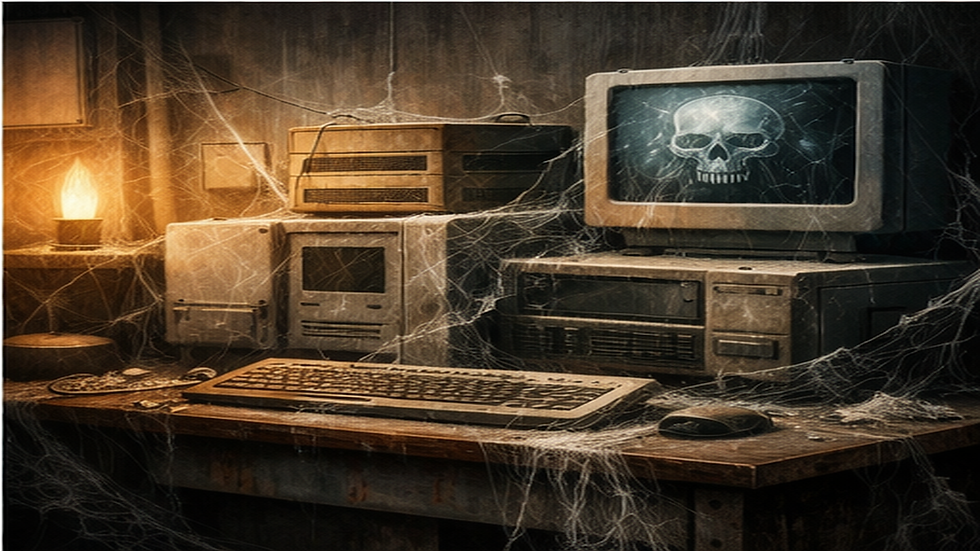 An outdated healthcare computer system in a clinical setting, illustrating legacy healthcare IT security risk caused by aging and unmonitored technology.