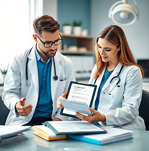 modern dental office consultation setting, dentist in white coat reviewing documents on a 