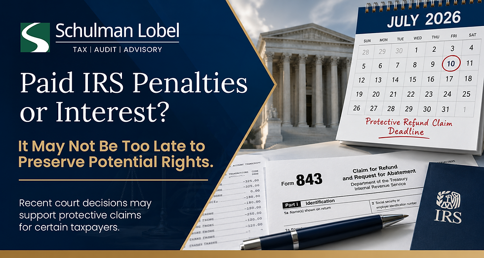 Protective refund claims for COVID-19 IRS penalties illustration featuring IRS Form 843 and the July 2026 filing deadline