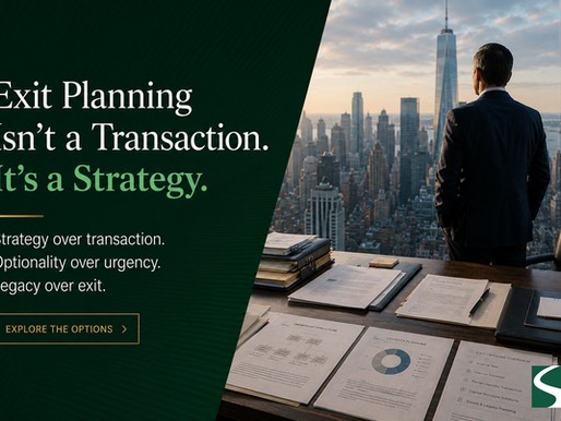 Exit planning for business owners featuring a CEO evaluating liquidity, succession, and ownership transition strategies from an executive office overlooking New York City.