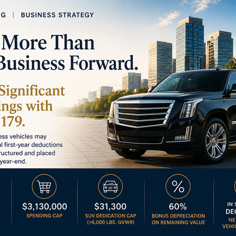 Section 179 vehicle tax deduction strategy showing a qualifying business SUV and key tax-saving opportunities available to business owners in 2025.