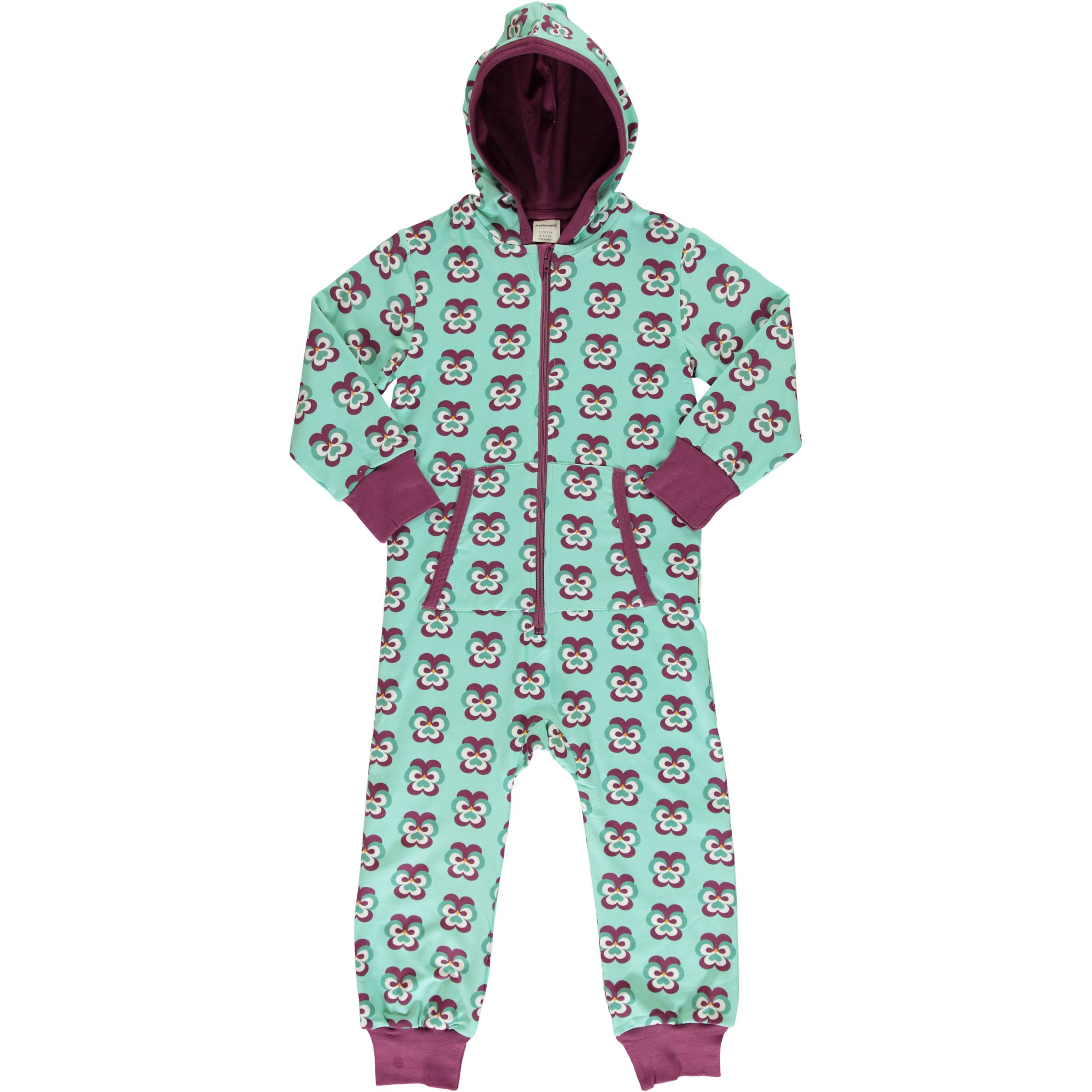 MAXOMORRA organic One Piece Suit with Hood | Purple Pansy
