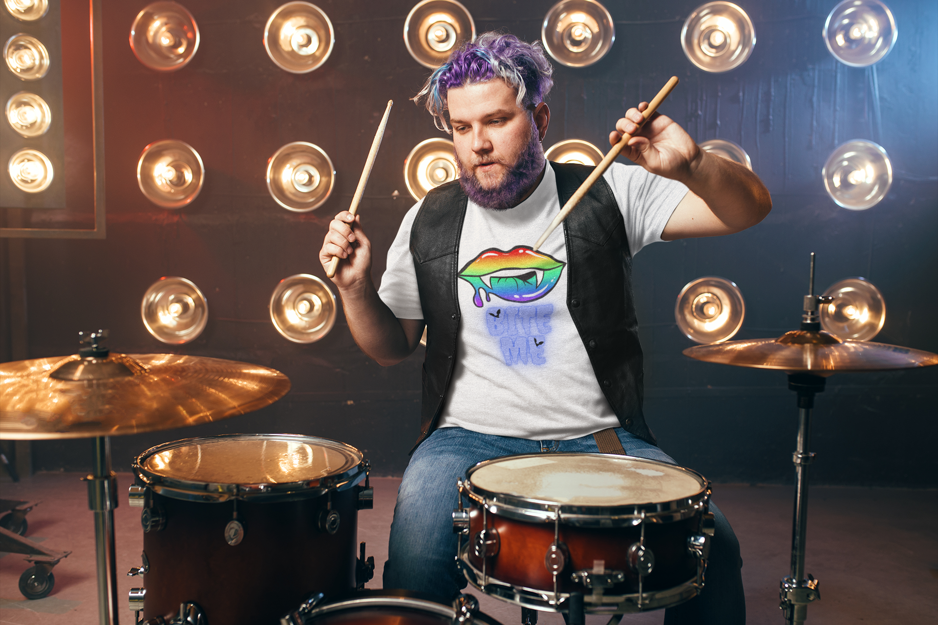 man drumming wearing men's bite me shirt in white