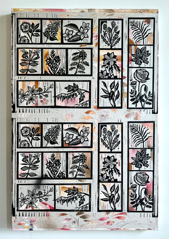 A double print of a woodcut collaged on canvas with mixed media paint in the background coming through cutouts in the print.