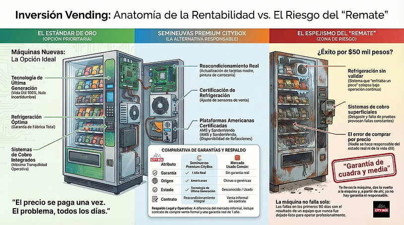 Infografia de las opciones de compra #vending en mexico
Donde se pone en primer lugar las maquinas expendedoras NUEVAS
En segundo LUGAR las maquinas SEMINUEVAS PREMIUM
Y en ultimo LUGAR las maquinas vending USADAS SIN GARANTIA
Explica porque deben confiar en CityBox los posibles clientes en MX