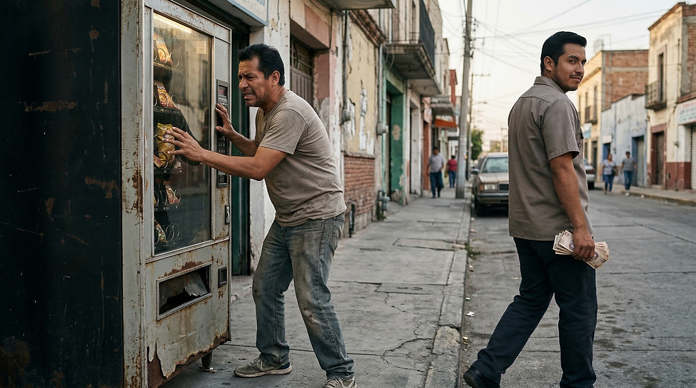 Vendedor se aleja con el dinero mientras comprador frustrado intenta usar máquina vending usada que falla