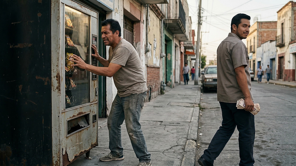 Vendedor se aleja con el dinero mientras comprador frustrado intenta usar máquina vending usada que falla