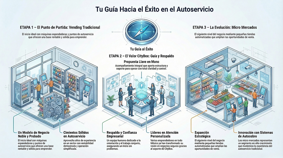 Guía visual de CityBox para emprender en autoservicio con máquinas expendedoras, soporte empresarial y micro mercados como evolución del negocio.