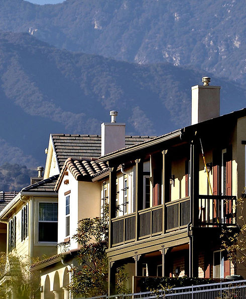 Profile view of multiple different type of homes next to one another with the mountains in the background.