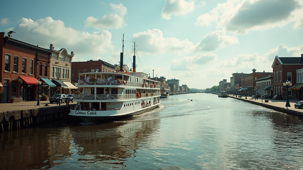 Eye-level view of a luxury river cruise ship docked at a historic Mississippi river town