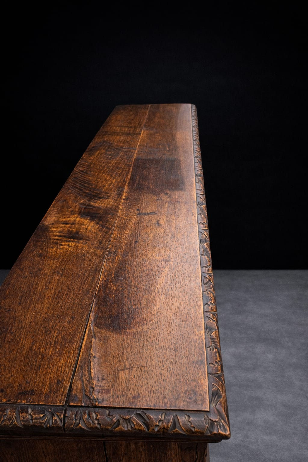 Close-up of aged oak top with natural grain and patina