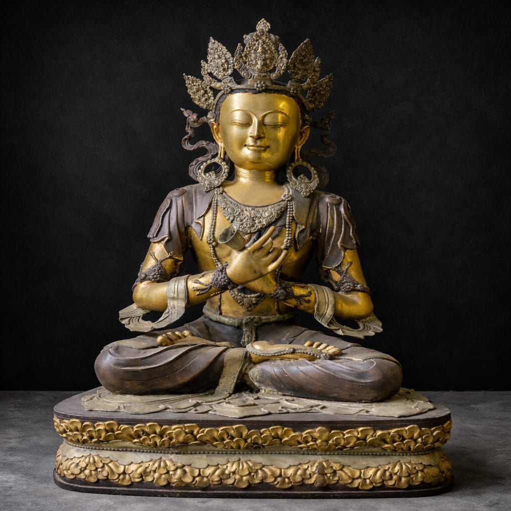 Close detail of torso and hands on mid-century Nepalese brass Buddha statue with intricate traditional casting.