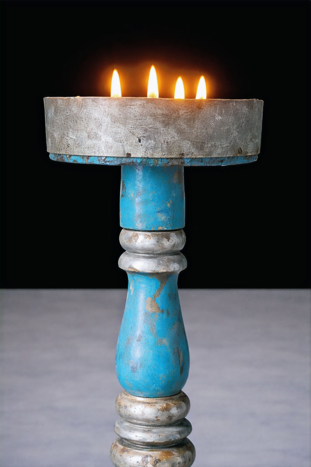 Upper section of candlestick with candle tray and blue painted column
