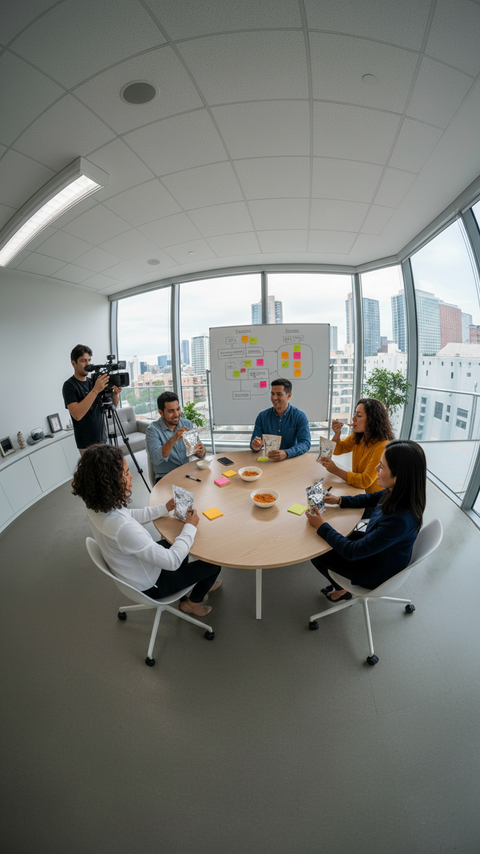 Grupo focal de unas personas probando y calificando un producto alimenticio
