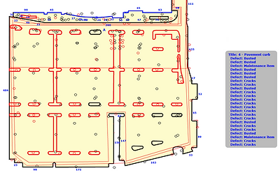 Actual survey map plotting pavement inventory and defects