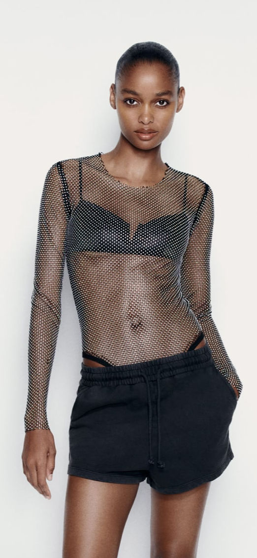 RHINESTONE MESH BODYSUIT - Black