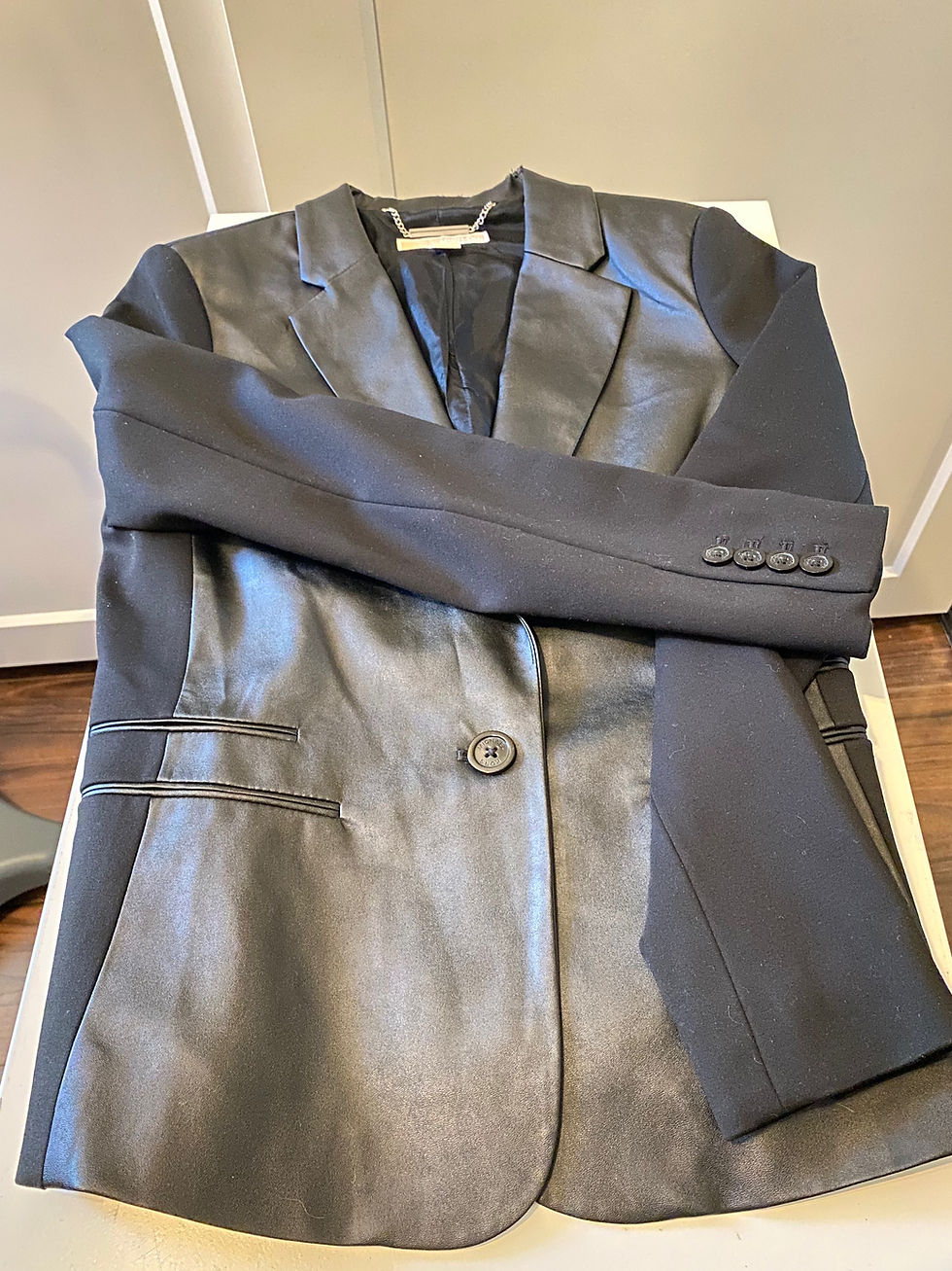 Thumbnail: Black blazer with faux leather detailing, Michael Kors 