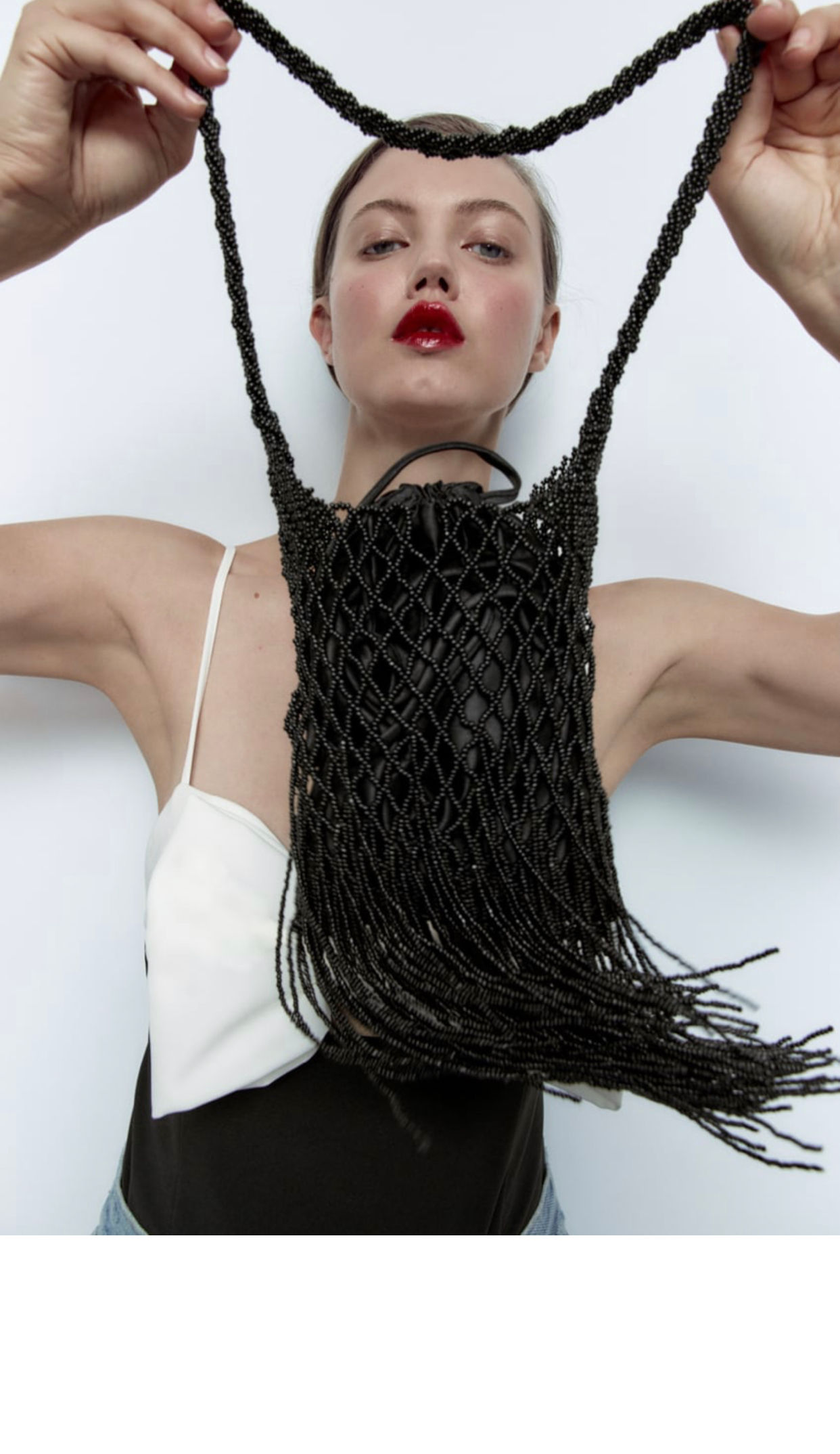 Black beaded fringe shoulder bag 