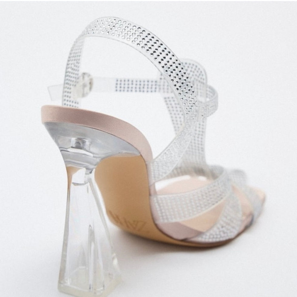 Thumbnail: Heeled vinyl cage sandals clear rhinestones 