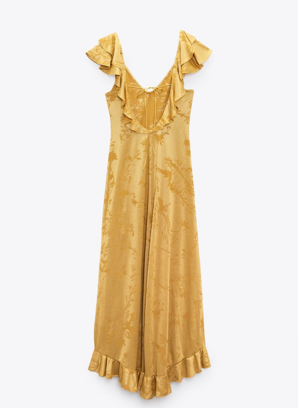 Golden ruffled jacquard open back dress