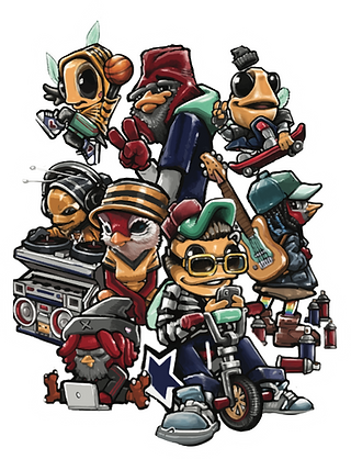 multiple cartoon red birds and bees taking part in multiple activities like riding a bike, on the computer, skateboarding, playing the guitar and playing music