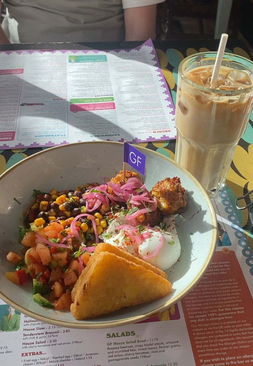 Gluten Free 'Miami Breakfast' and an Iced Coffee on a table
