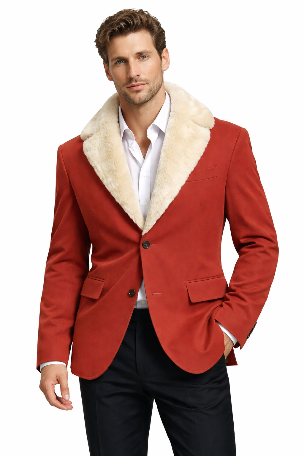 CHAQUETA ROJO TEJA TERRACOTA CON SOLAPA PIEL SINTETICA PELUCHE