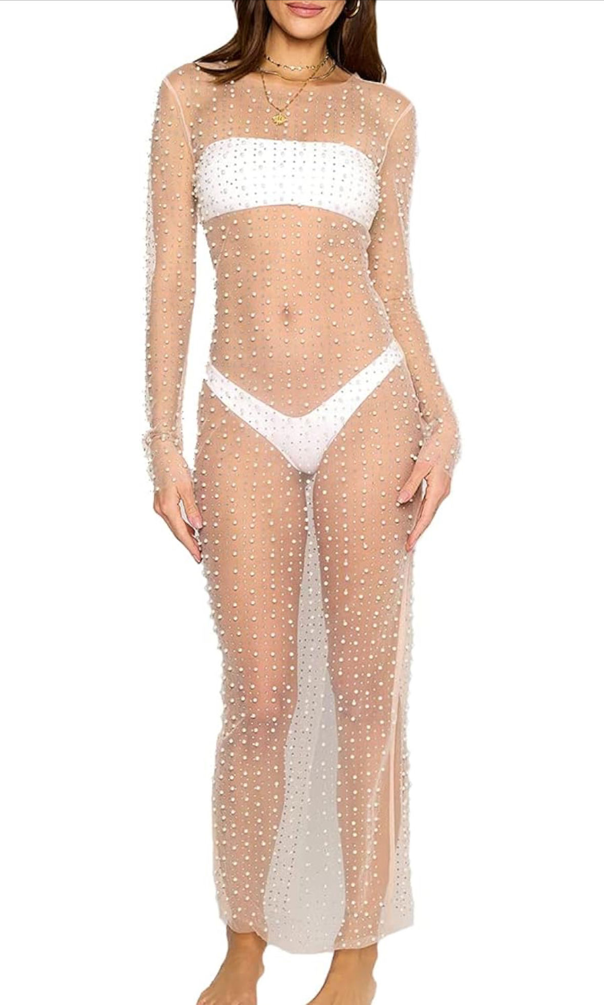 VESTIDO TRANSPARENTE PERLAS LARGO MANGA LARGA