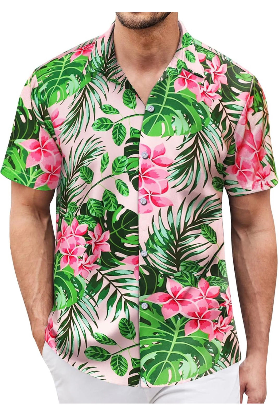 CAMISA HAWAIANA FLORES ROSADAS HOJAS VERDES PLAYERA